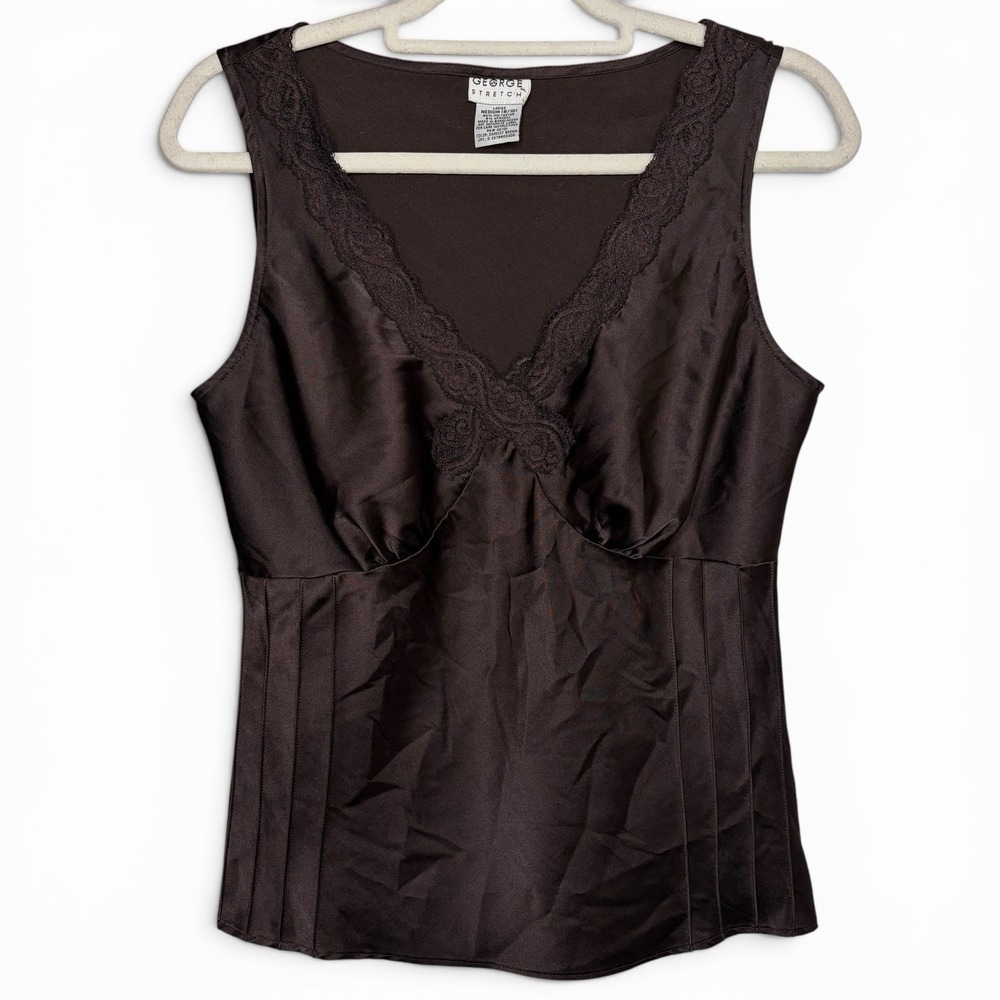 Vintage Brown Satin Top Women's Y2K Cami Medium  George Stretch Lace Babydoll